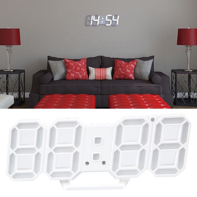 Modern Digital 3D White LED Wall Clock Alarm Clock Snooze 12/24 Hour Display U