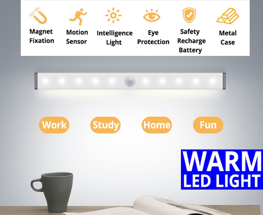Motion Sensor LED Wall Light Bar USB Charging Bed Night Lamp Corridor Easy Ins