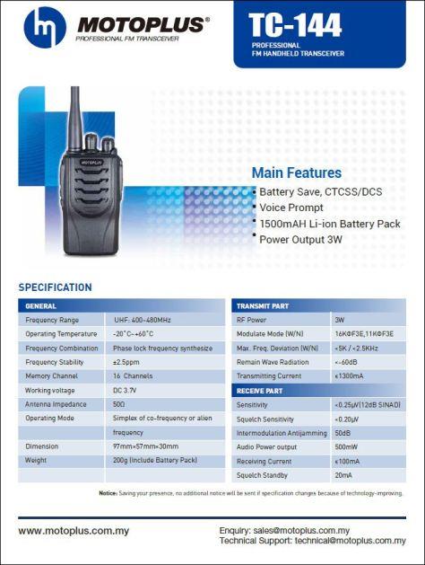 MOTOPLUS WALKIE TALKIE (TC-144) (end 12/23/2021 12:00 AM)