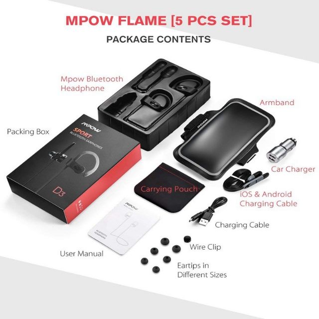 Mpow Flame ?D3 5pcs Combo? Bluetooth Headphones Waterproof Wireless Earbuds Sp