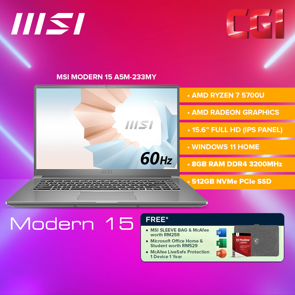 MSI Modern 15 A5M-233MY Laptop R7 |15.6&quot;FHD IPS|8GB|512GB|W11H|MOHS