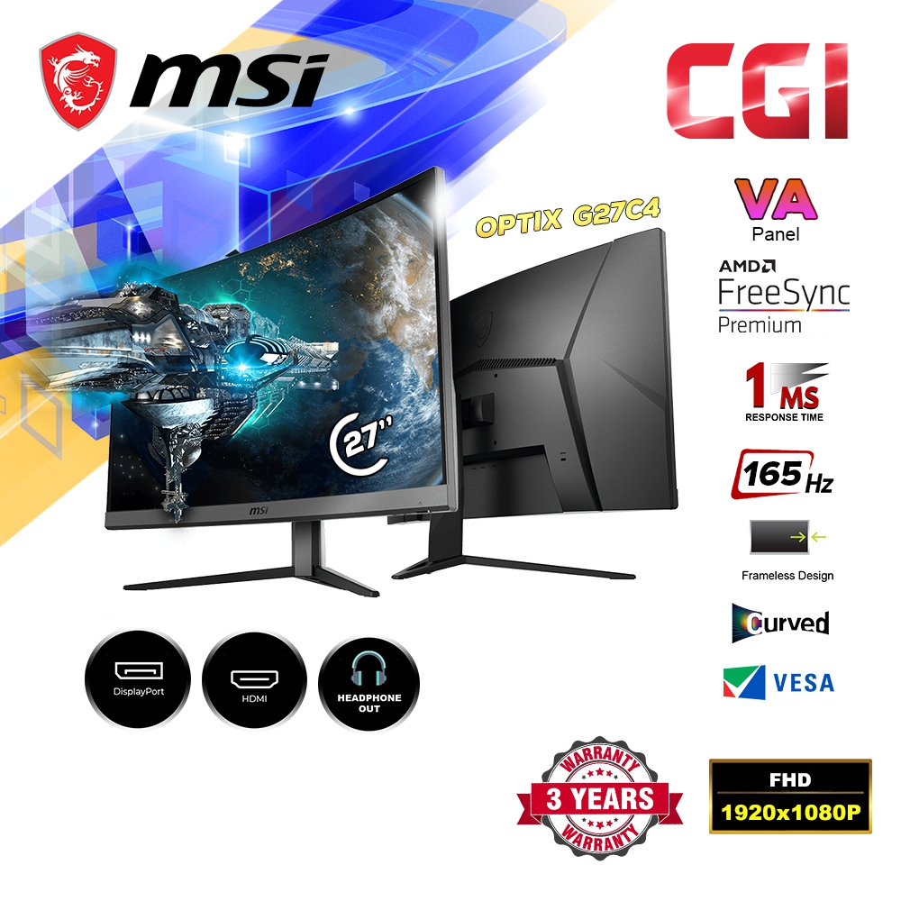 MSI Optix 27 " G27C4 165Hz 1ms FHD VA FreeSync Curved Gaming Monitor