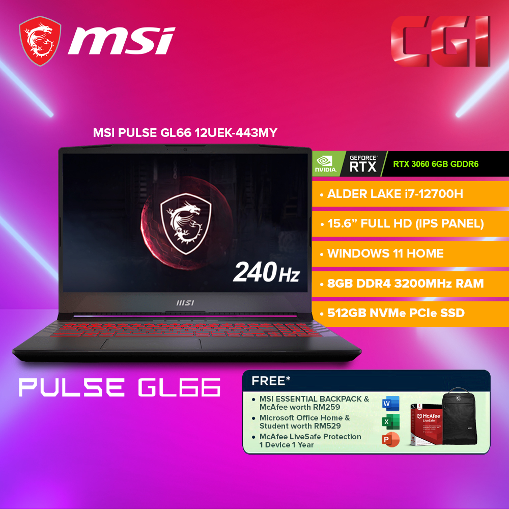MSI Pulse GL66 12UEK-443MY Gaming Monitor i7|15.6&quot;|8GB|512GB|W11H|MOHS