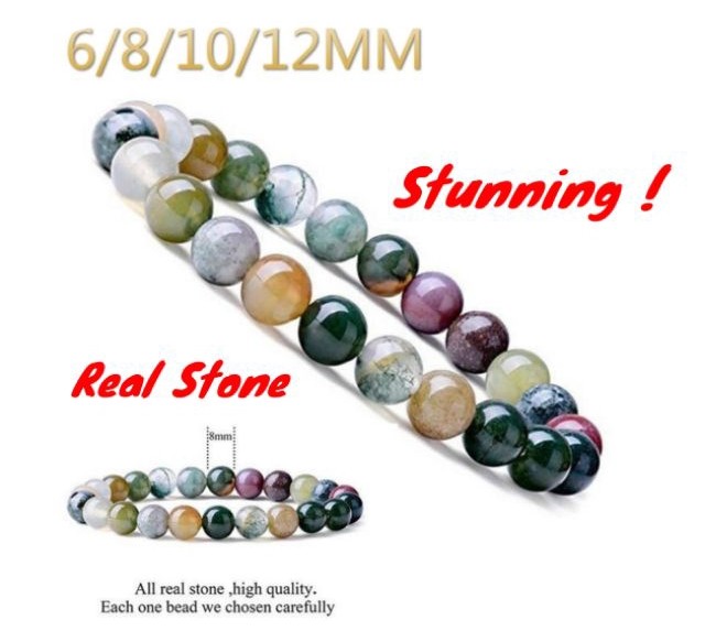 Natural 6-12mm Gemstone Indian Agate Healing Crystal Stretch Beaded Bracelet