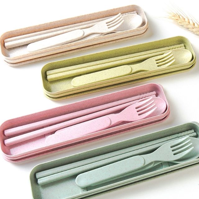 Natural Cutlery Set Wheat Straw Spoon Fork Chopsticks Three-piece Children Por