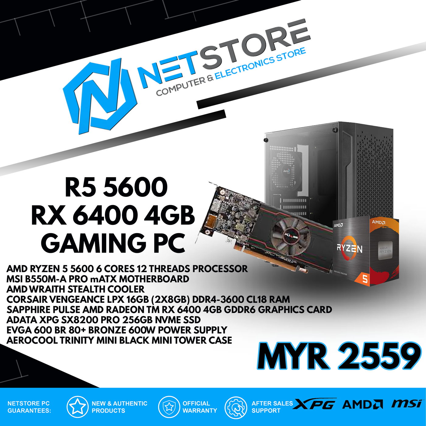 NETSTORE - RYZEN 5 5600 , 16GB RAM 3600Mhz, 256GB SSD , RX6400 4GB PC