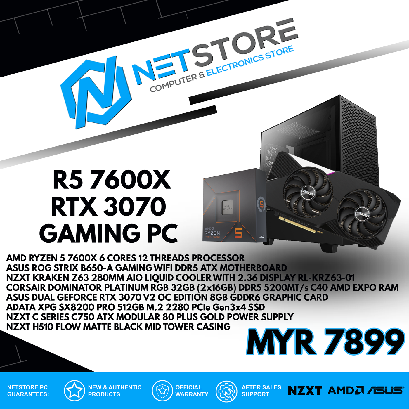 NETSTORE -RYZEN 5 7600X , 32GB RAM 5200Mhz, 512GB NVME , RTX3070 PC