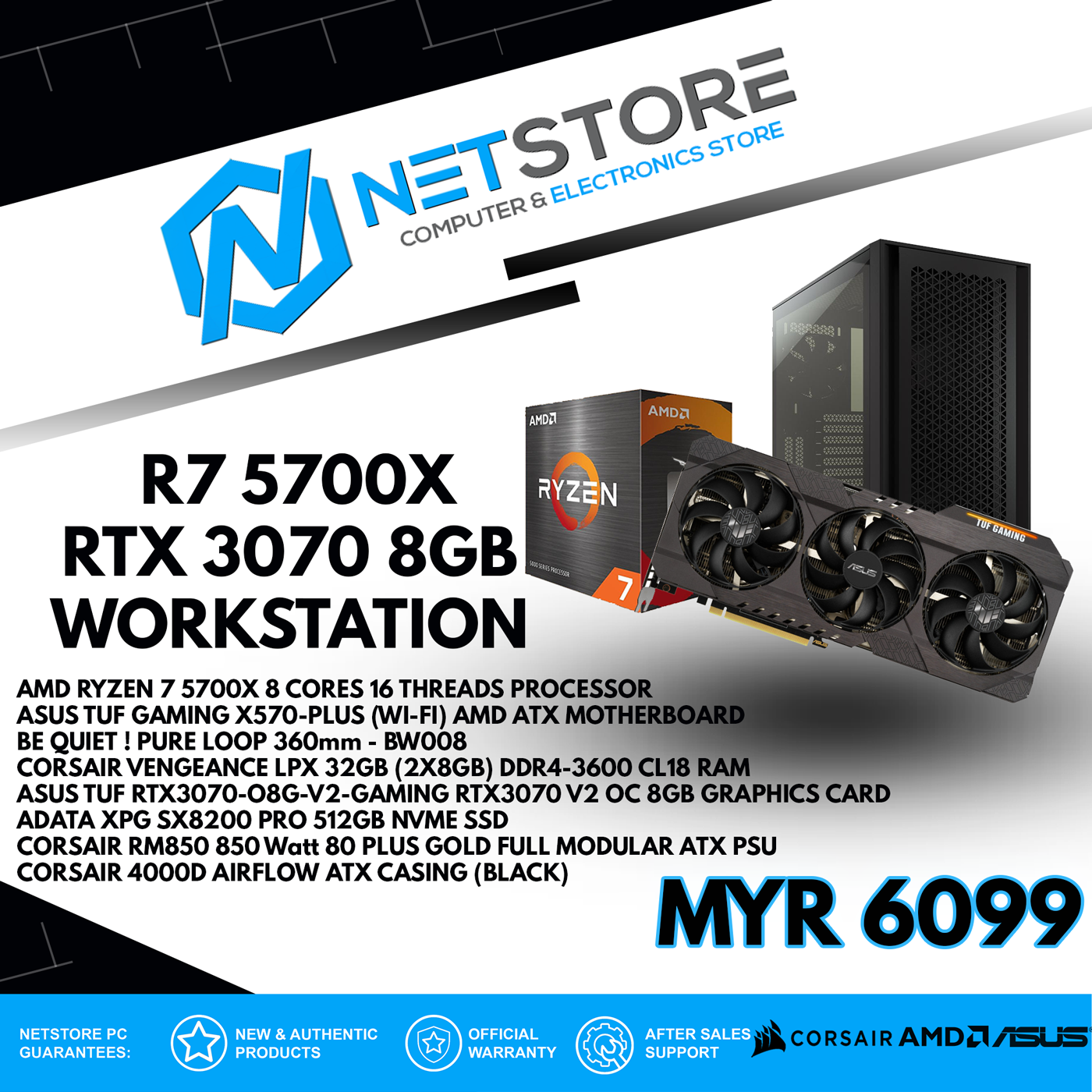 NETSTORE -  RYZEN 7 5700X , 32GB RAM, 512GB NVME , RTX3070 WORKSTATION