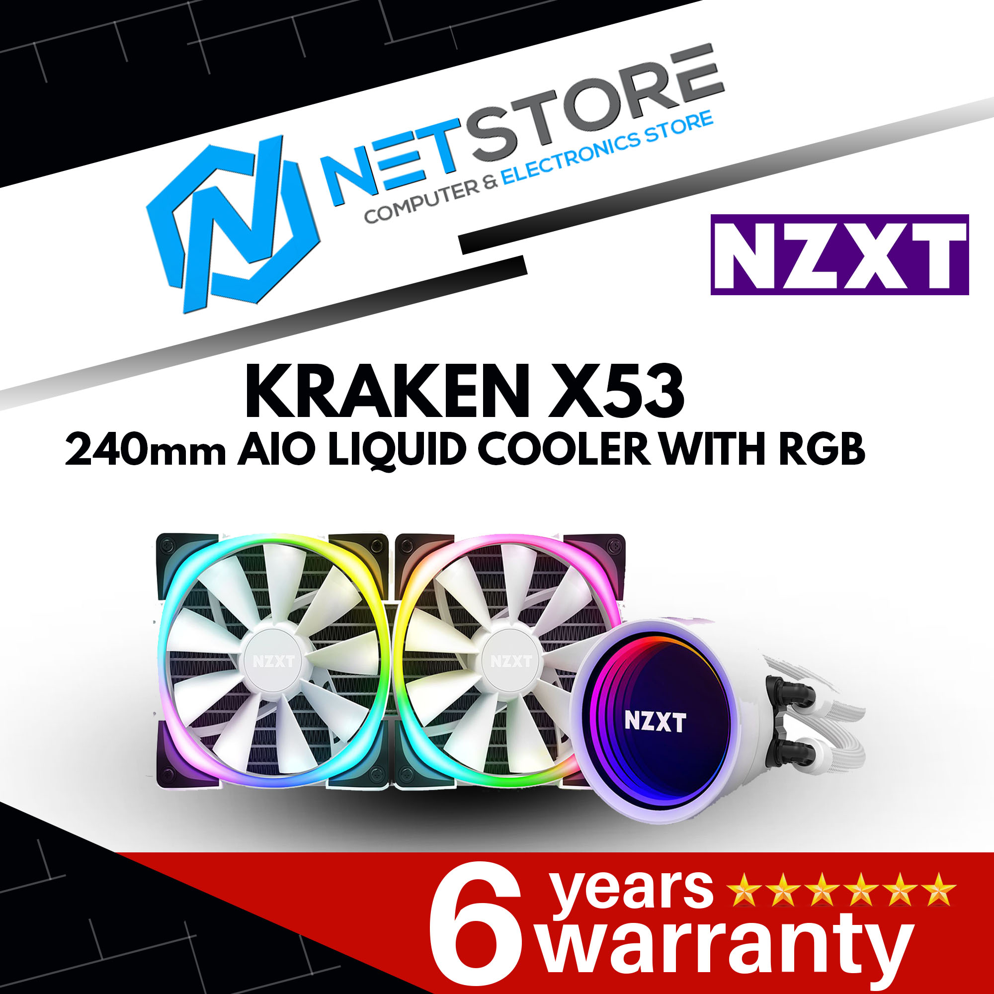 NZXT KRAKEN X53 RGB WHITE 240mm AIO LIQUID COOLER - RL-KRX53-RW
