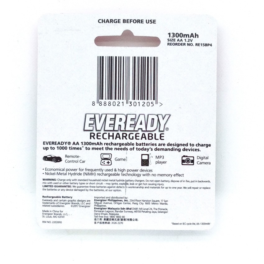Official Eveready Rechargeable Batteries AA 4 PACK 1300mAh