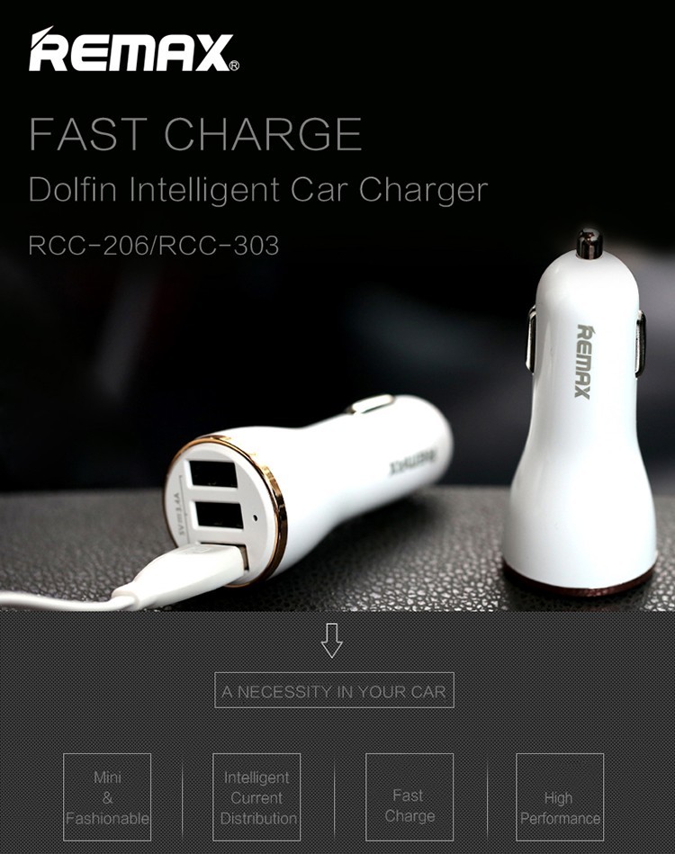 Ori. Remax Dolfin Car Charger USB Ports Quick Charging Portable Charge