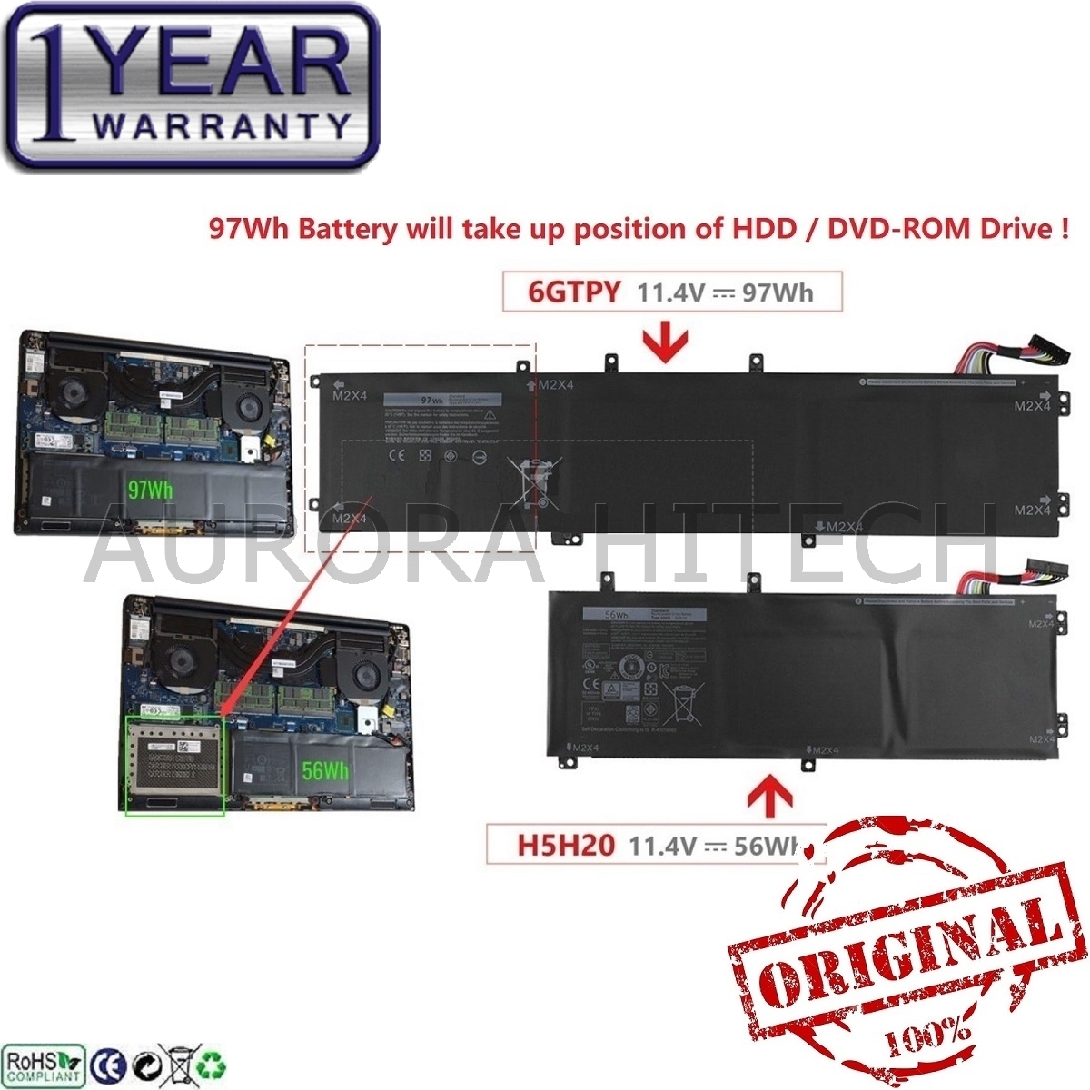 Original Dell P83F001 P56F002 P56F003 B0768CM848 97Wh Battery Extend