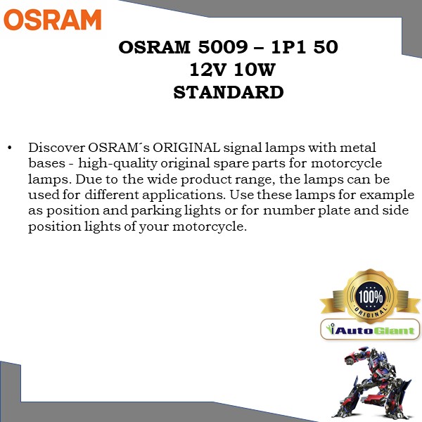 OSRAM 5009 - 1P1 50 12V 10W STANDARD LAMPU SIGNAL