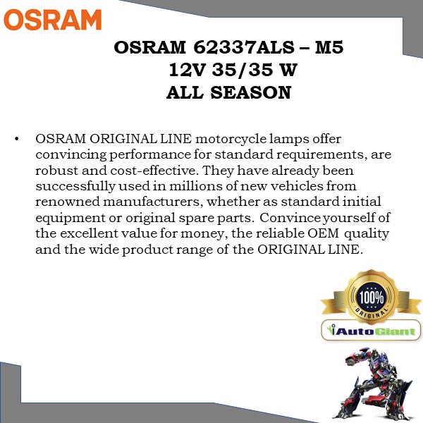 OSRAM 62337ALS - M5 12V 35/35W ALL SEASON LAMPU MOTOR DEPAN
