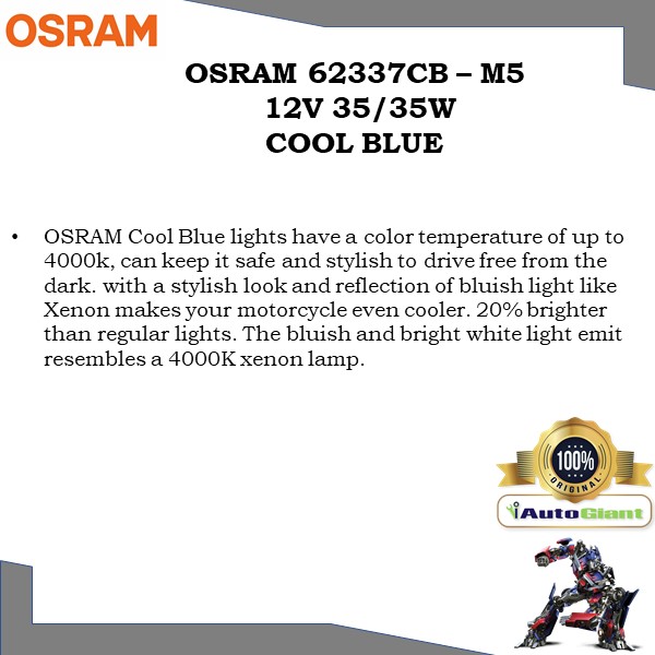 OSRAM 62337CB - M5 12V 35/35W COOL BLUE LAMPU DEPAN MOTOR