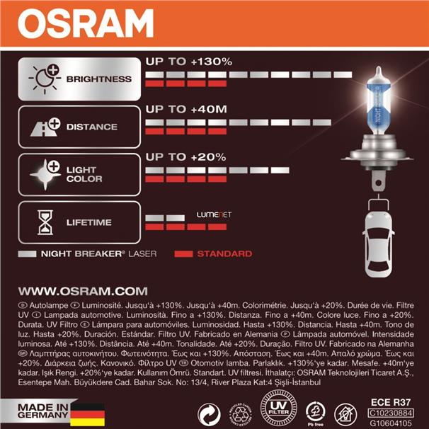OSRAM Night Breaker Laser H4 +130% Xenon White Headlight Car Bulb (1SE