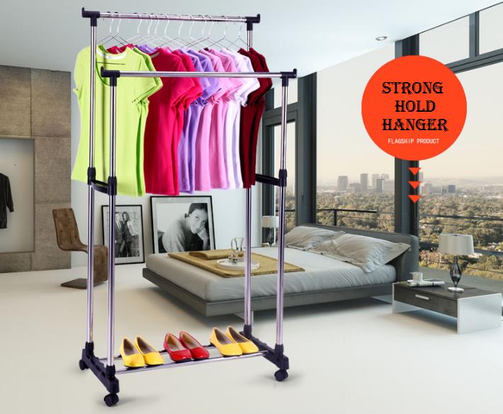 OSUKI Portable Double Pole Clothes Hanging Rack Stand (Adjustable Heig
