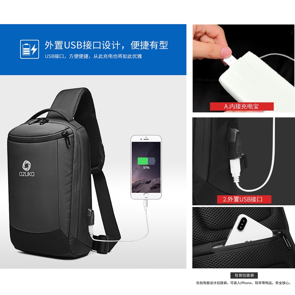 OZUKO Crossbody Sling Bag Comfortable USB New Multifunction Multi-Card Slots C