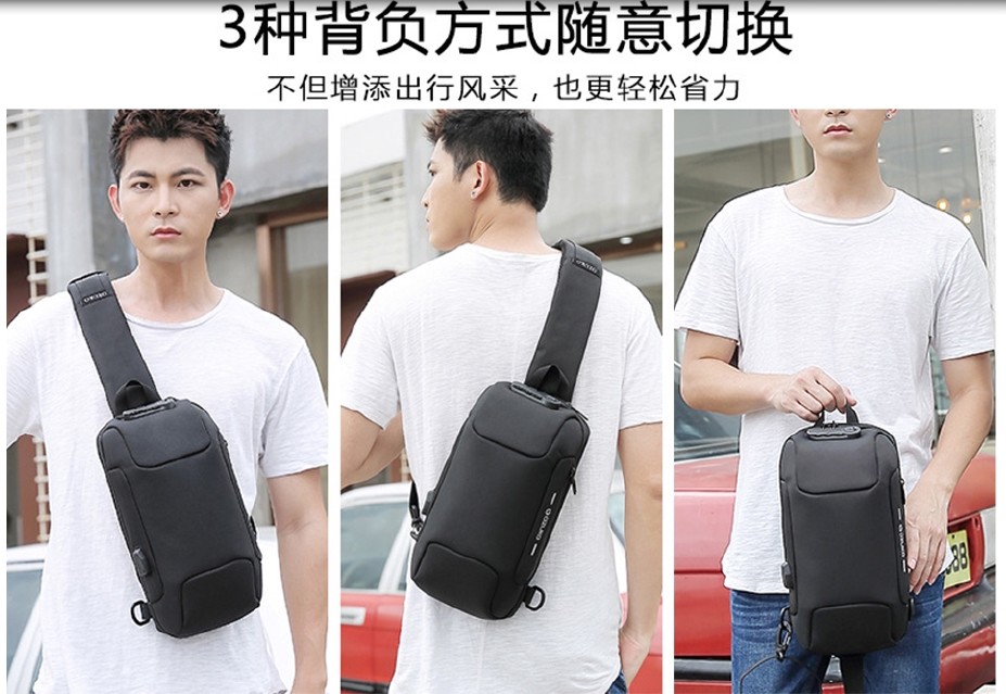 OZUKO Sling Bag USB Anti-Theft Men's Chest Beg with Password Lock New Casual C