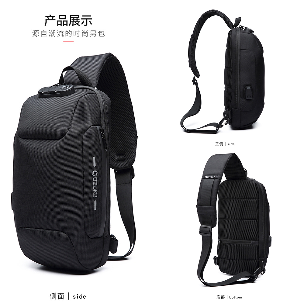 OZUKO Sling Bag USB Anti-Theft Men's Chest Beg with Password Lock New Casual C