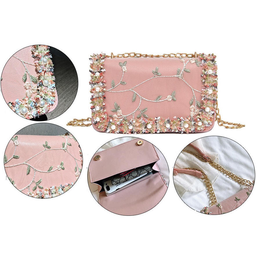 Pearl Floral Sling Shoulder Women Handbag Gift Beg