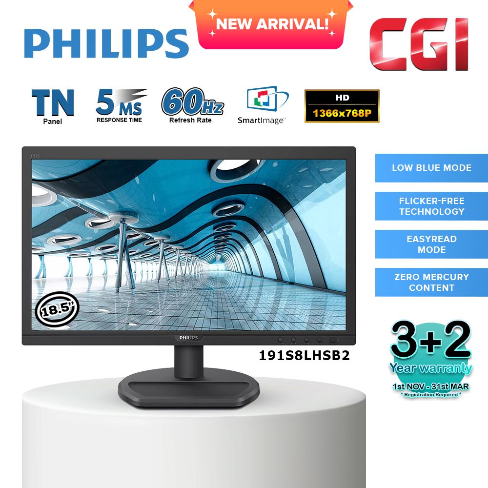 Philips 18.5&quot; 191S8LHSB2 TN 720P 60Hz 5ms Flicker Free LED Monitor