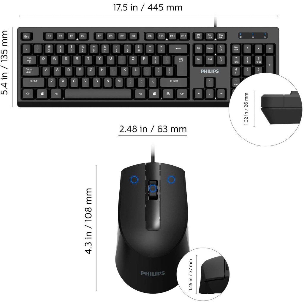 Philips 200 Series Wired keyboard-mouse combo SPT6234 3 buttons USB 2.0 Wired 