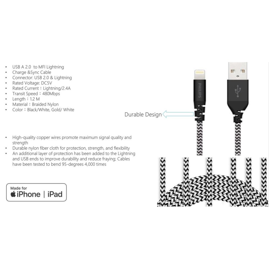 Philips DLC4542VB-BK USB A to MFI Lightning Braid Phone Cable 1.2M (Black)