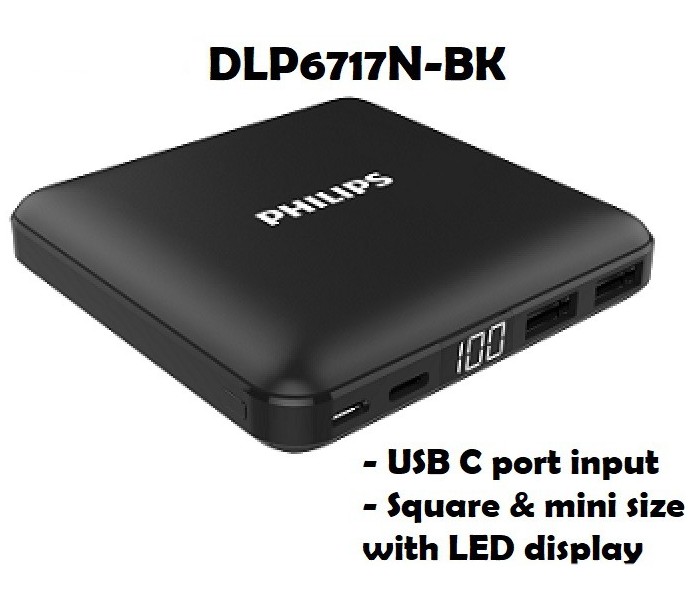 Philips DLP6717N-BK 10000 mAh Li-Polymer Powerbank with USB-C input - Square  