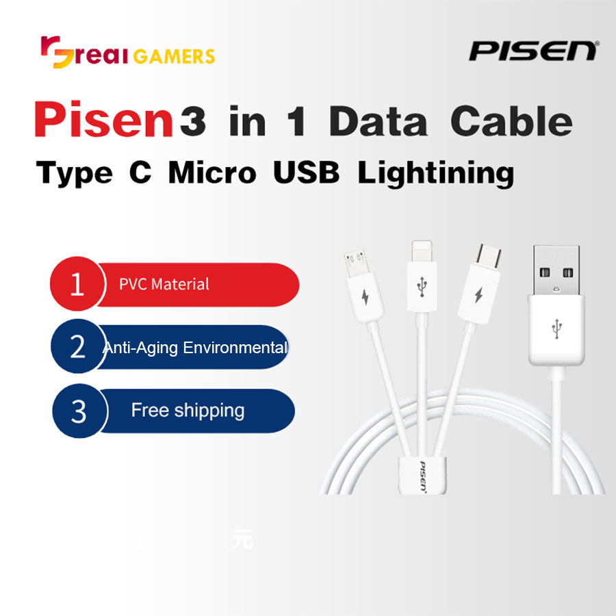 Pisen 3 in 1 Data Cable Type C Micro USB Lightining 8 Pin+Micro USB+Ty..