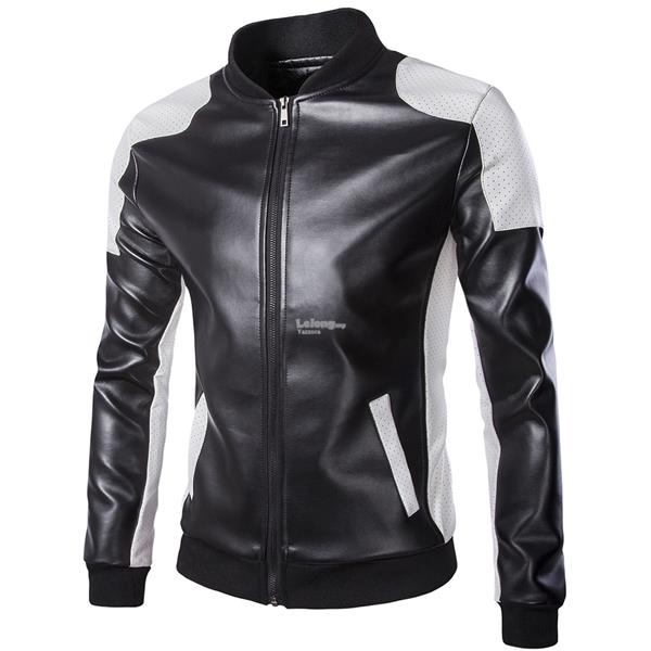 Plus Size Black And White Zipper Design Casual Leather Jacket T