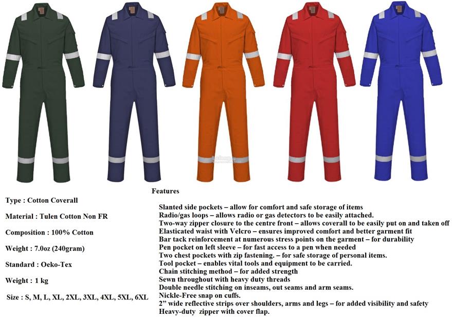 PPE Safety Apparel Coverall Tulen Cotton 240Gm NFR S to 6XL OV09XX SWS