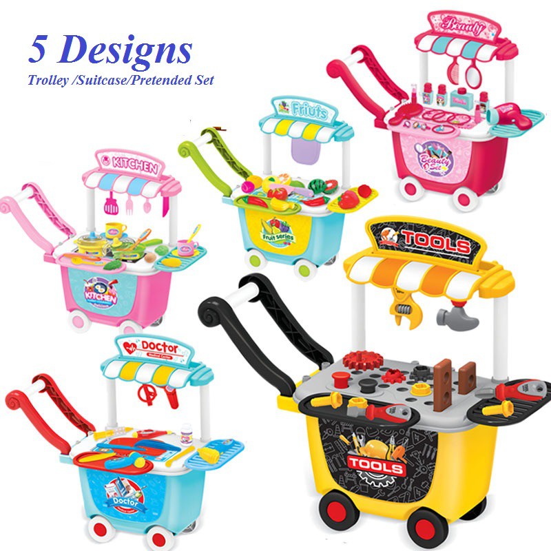 Pretend Trolley Play Set Kids Toys Kitchen Medical Make Up Tools Set