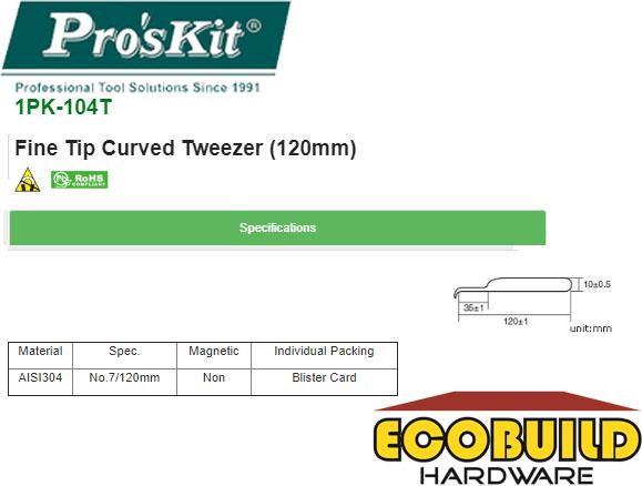 PRO&#39;S KIT Fine Tip Curved Tweezer (120mm) 1PK-104T