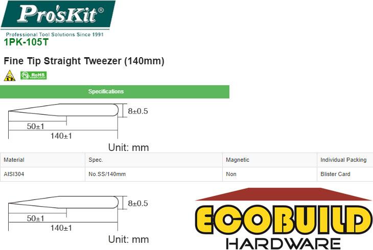 PRO&#39;S KIT Fine Tip Straight Tweezer (140mm) 1PK-105T