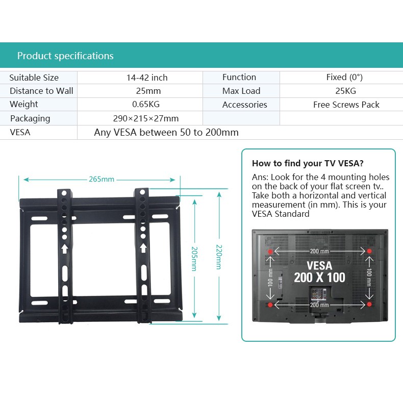 Low profile TV Wall Mount Bracket for Most 14-42 Inch LED, LCD and Plasma TVs