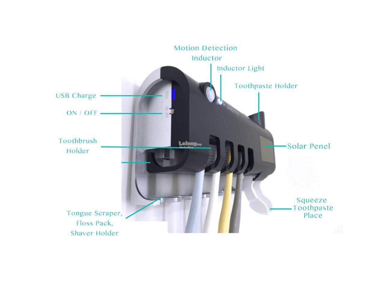 PURETTA Solar Powered UV Light Sterilizer Toothbrush 4 Holder Cleaner 