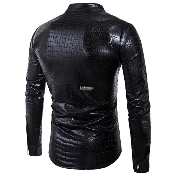 PVC Metallic Men Long Sleeve Biker Wear Fit Shirt-Trend Wet Look Snake