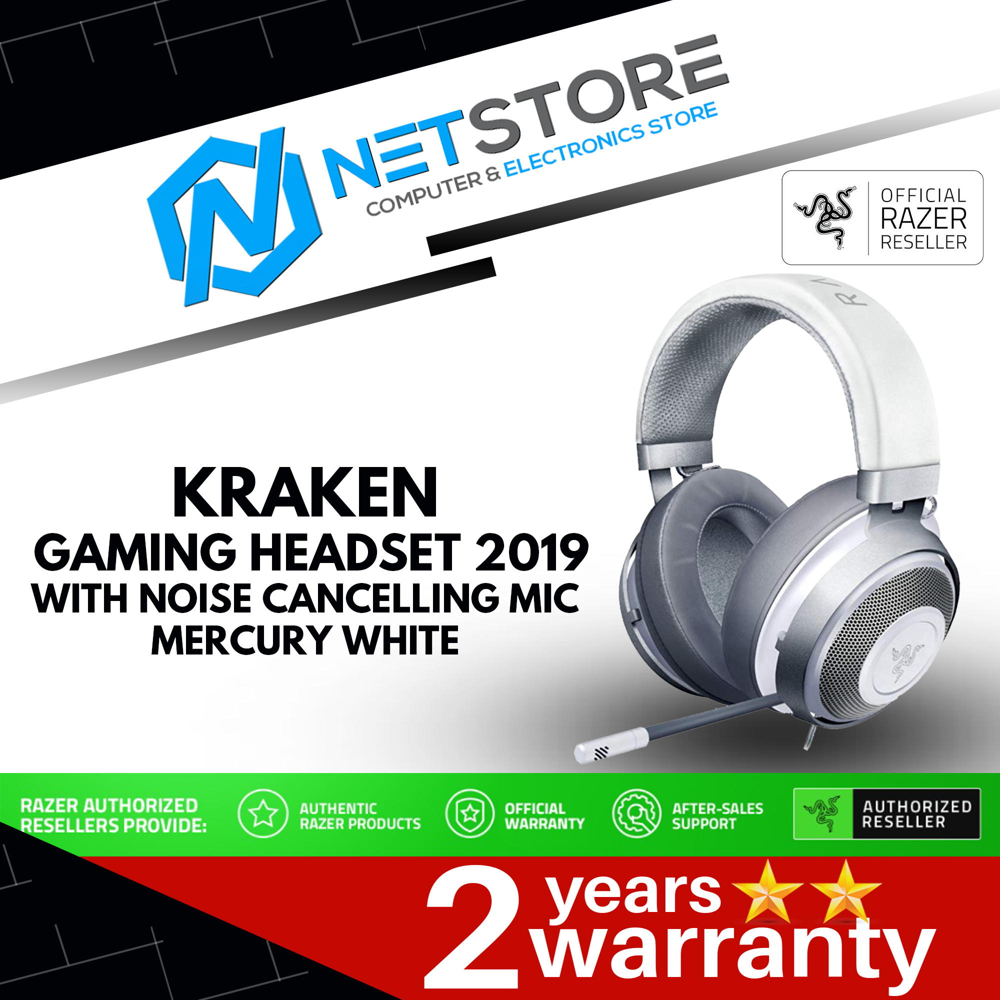 Razer Kraken Gaming Headset 2019 w Noise Cancelling Mic Mercury White