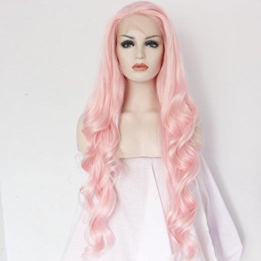 READY STOCK PINK LONG WAVY FRONT LACE WIG