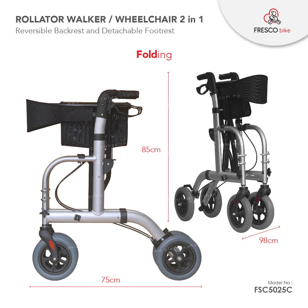 Rollator Walker 2 in 1 Wheelchair Reversible Backrest