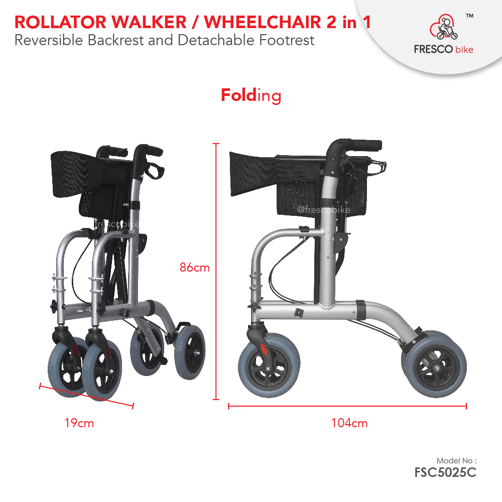 Rollator Walker 2 in 1 Wheelchair Reversible Backrest