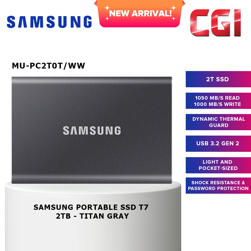 Samsung Portable T7 USB 3.2 2TB SSD (Gray) - MU-PC2T0T/WW