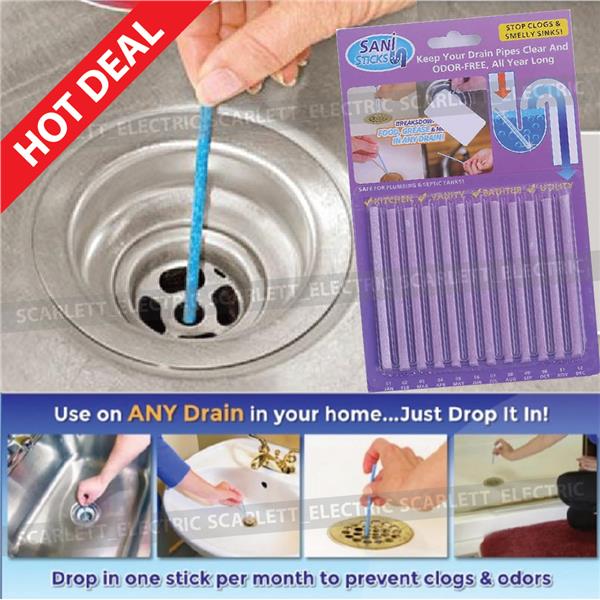 Sani Sticks Clogs Sink Drains Pipes Clean Odor Free Deodorizer 12pack