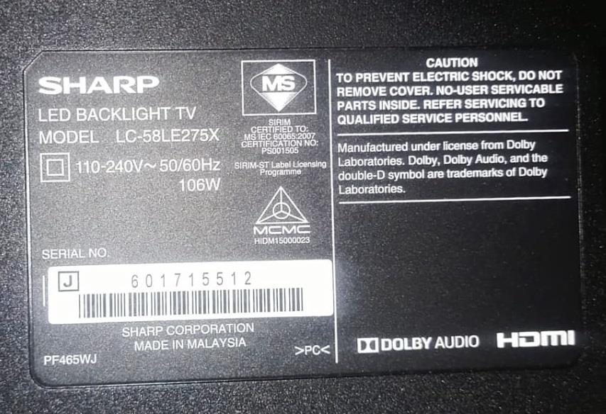 SHARP LCD TV 58LE275X LC58LE275X LC-58LE275X POWER BOARD / POWER SUPPL