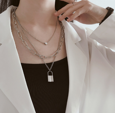 Single Lock Pendant Heart Three Layers Retro Necklace Women Fashion