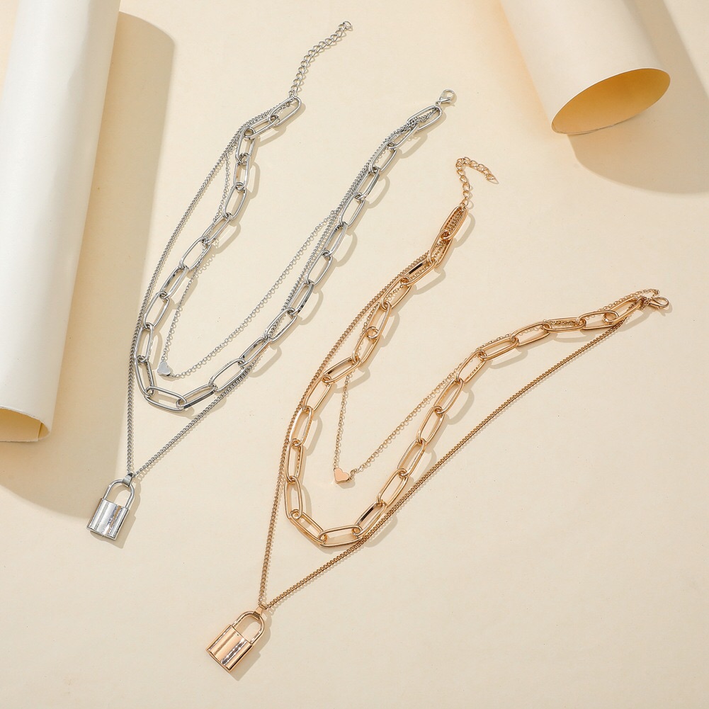 Single Lock Pendant Heart Three Layers Retro Necklace Women Fashion
