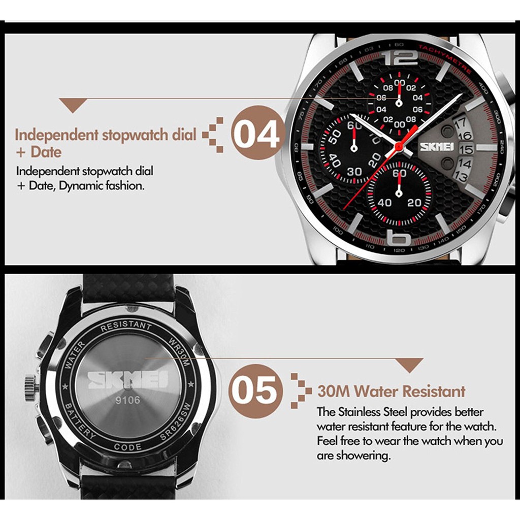 SKMEI 9106 Male Quartz Watch Three Working Sub-dials Date Luminous Display 3AT