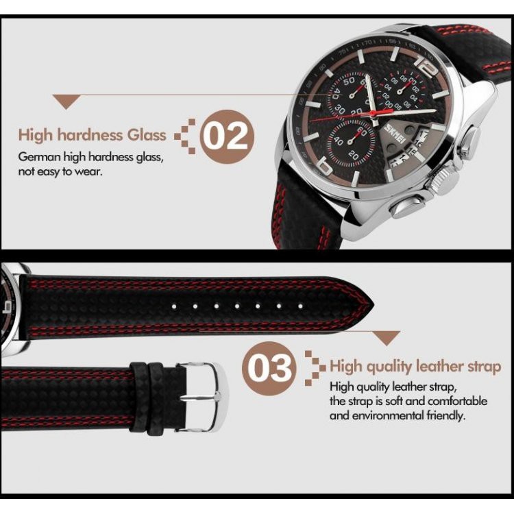 SKMEI 9106 Male Quartz Watch Three Working Sub-dials Date Luminous Display 3AT