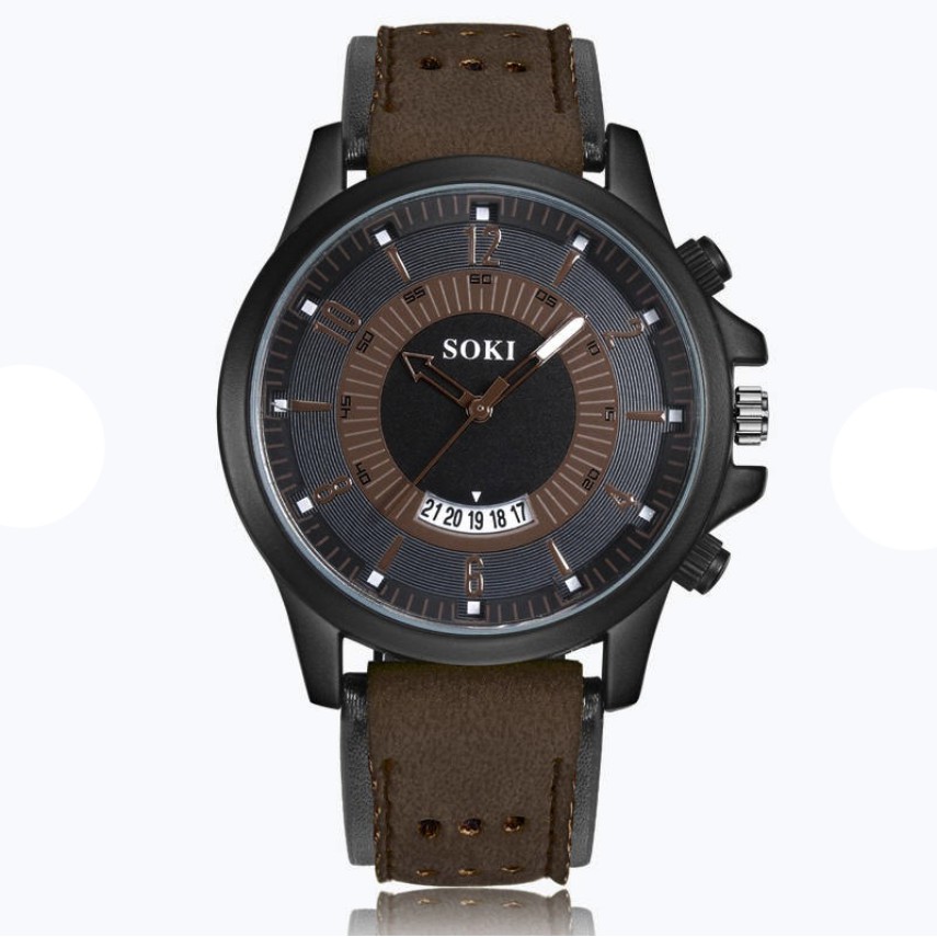Soki Men Military Style Calendar Aviator Leather Strap Watch v2
